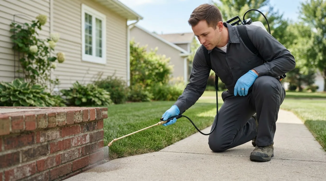 Pest control technician treating a home near Myersville, MD